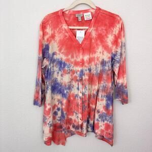 LOGO By Lori Goldstein Womens India Button Shirt Watercolor Mixed Fabric Orange